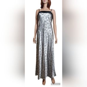Vintage Steppin Out Dress Metallic Silver Floral Formal Prom 90s Size 9/10